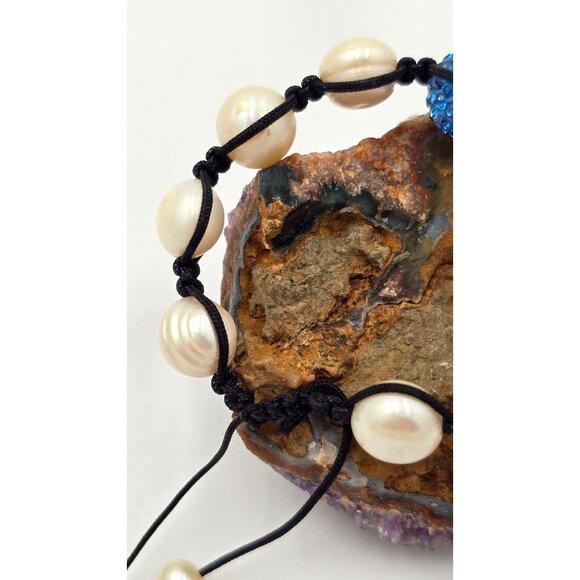 Freshwater 12mm Pearl Shamballa Bracelet Blue Austrian Crystals Adjustable - Picture 3 of 6